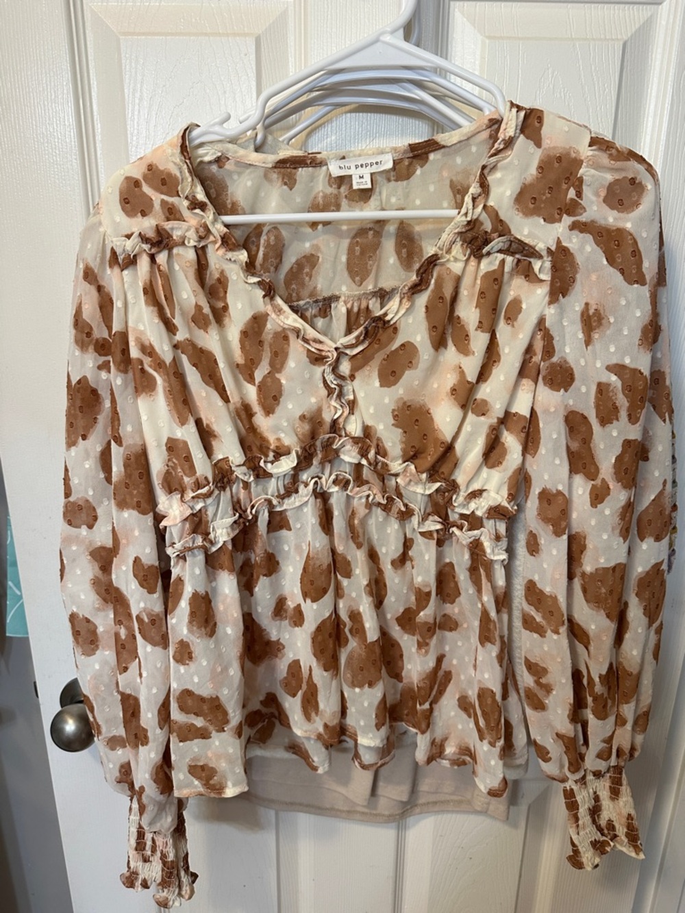 Blu Pepper Cream and Brown Ruffle Detail Long-Sleeve Blouse